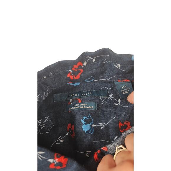 Red white blue patriotic Floral Print Linen Short Sleeve Button Down XLT XL TALL - Picture 5 of 7